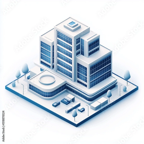 Fototapeta Abstract 3D rendering of a modern hospital featuring urban architecture with blue and white color scheme, healthcare innovation and technological advancement in medical facilities.