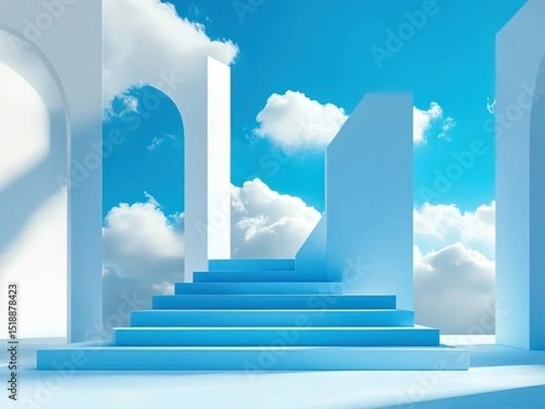 Fototapeta Minimalist blue-white stage set with stacked cubes and floating mist: pure abstract space for product displays or futuristic architectural visualization
