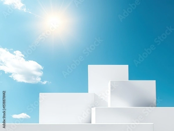 Fototapeta Minimalist blue-white stage set with stacked cubes and floating mist: pure abstract space for product displays or futuristic architectural visualization