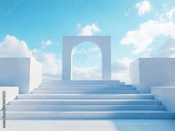 Fototapeta Minimalist blue-white stage set with stacked cubes and floating mist: pure abstract space for product displays or futuristic architectural visualization
