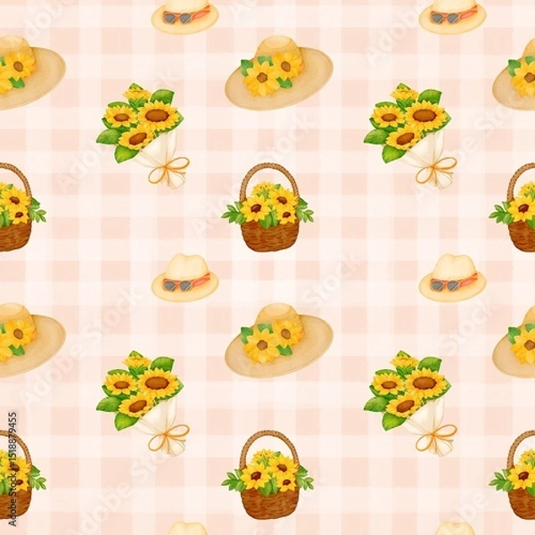 Obraz Seamless Picnic Sunflower and Hat Pattern