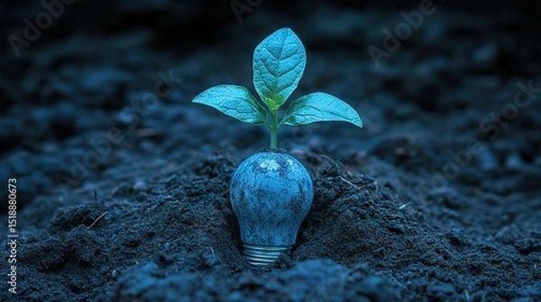 Fototapeta A small plant sprouts from a recycled lightbulb in the earth