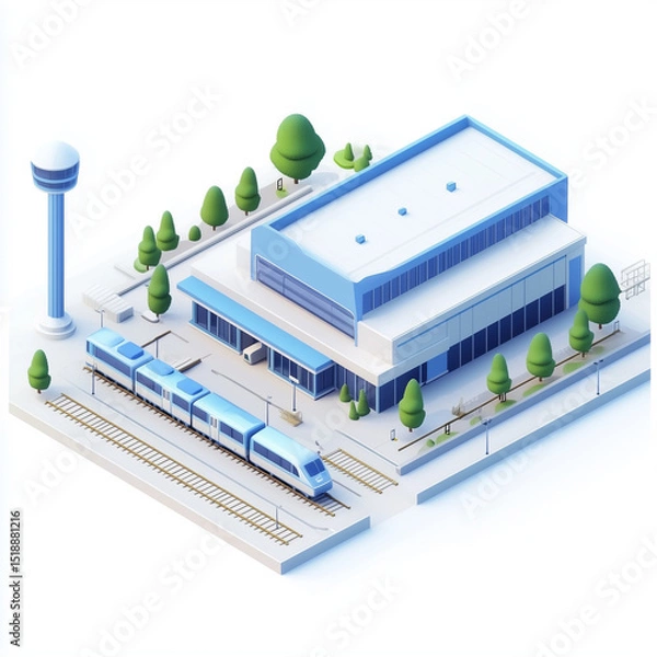 Fototapeta Abstract 3D rendering of a train and logistics center featuring urban architecture with blue and white,  symbolizing transportation efficiency and technological innovation in supply chain management
