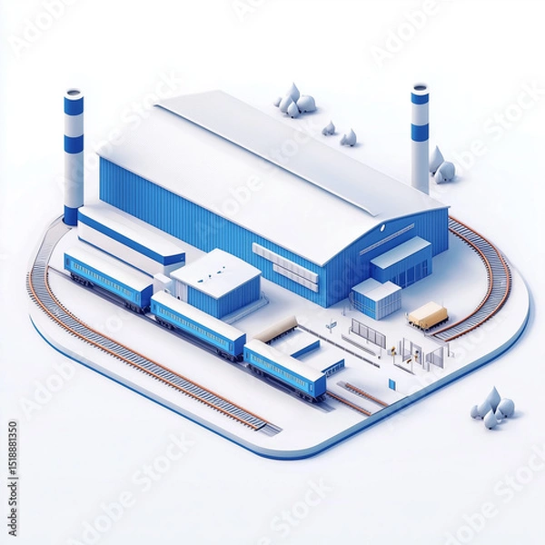 Fototapeta Abstract 3D rendering of a train and logistics center featuring urban architecture with blue and white,  symbolizing transportation efficiency and technological innovation in supply chain management