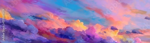 Fototapeta Colorful watercolor background of abstract sunset sky with puffy clouds in bright rainbow colors of pink blue yellow orange and purple. High quality