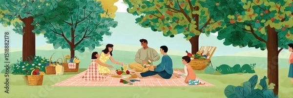 Fototapeta Enjoying a Family Picnic in a Sunny Park With Blankets, Basket, and Children Playing Among Trees and Greenery