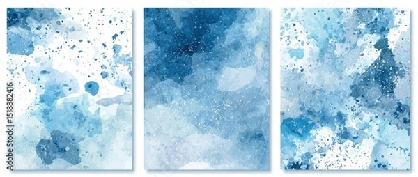Obraz Set of 3 Delicate Abstract Watercolor Style Vector Layouts. Light Beige and Blue Paint Stains on a White Background. Pastel Color Stains and Splatter Print Set. High quality