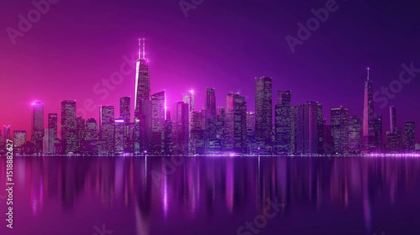 Fototapeta Smart Cityscape With Purple Tech Background And Abstract Modern Buildings In Neon Aesthetic