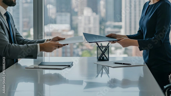 Fototapeta Business Meeting in a Modern Office with Two Professionals Exchanging Important Documents