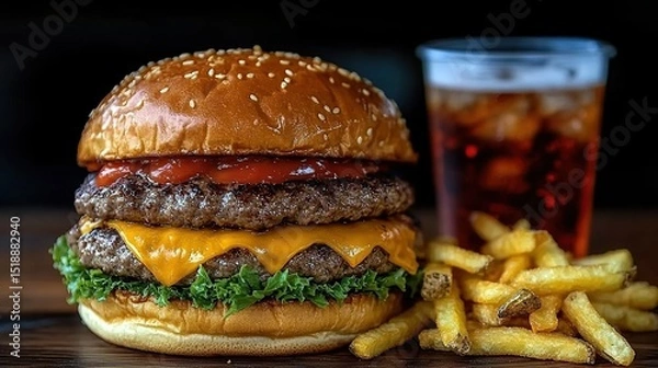 Fototapeta Double cheeseburger with fries and a drink