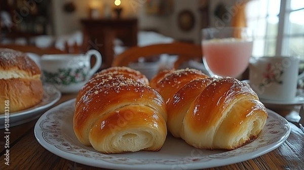Fototapeta Golden pastries on a plate, accompanied by beverages and other breakfast items in a cozy setting
