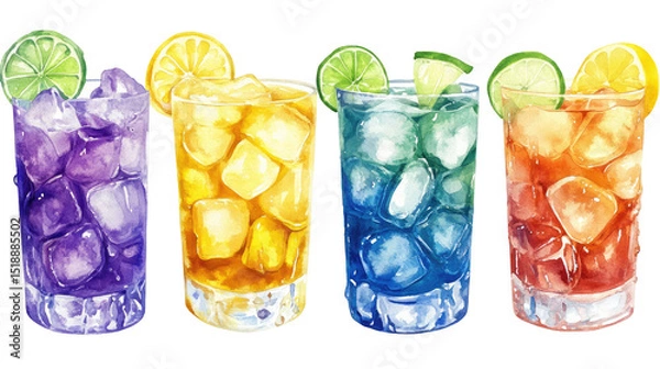 Obraz Vibrant Multicolor Watercolor Cocktails with Citrus Isolated on Transparent Background