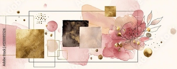 Obraz Arrangements. Blush, pink, ivory, beige watercolor Illustration and gold elements, on white background. Abstract modern print set. Logo. Wall art. Poster. Business card. High quality