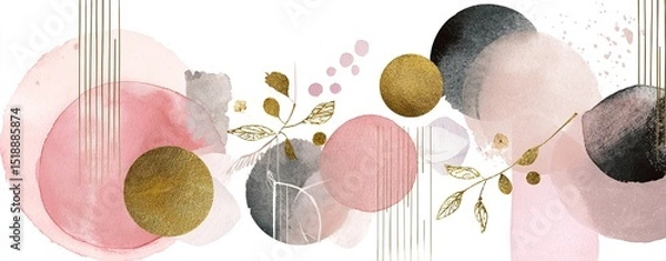 Obraz Arrangements. Blush, pink, ivory, beige watercolor Illustration and gold elements, on white background. Abstract modern print set. Logo. Wall art. Poster. Business card. High quality
