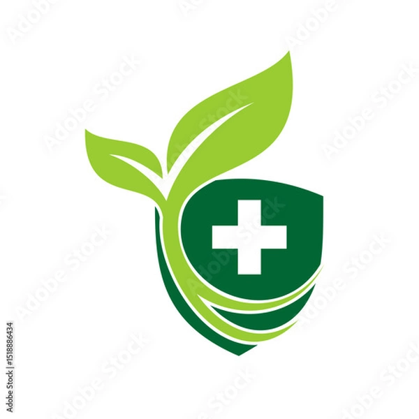 Fototapeta Green shield combination with medical symbol and leaf vector logo