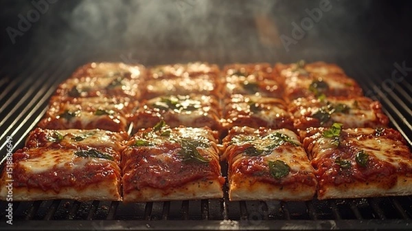 Fototapeta Square pizzas on a grill, hot and steaming