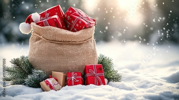 Fototapeta A burlap sack filled with red and brown gifts, nestled in snowy landscape