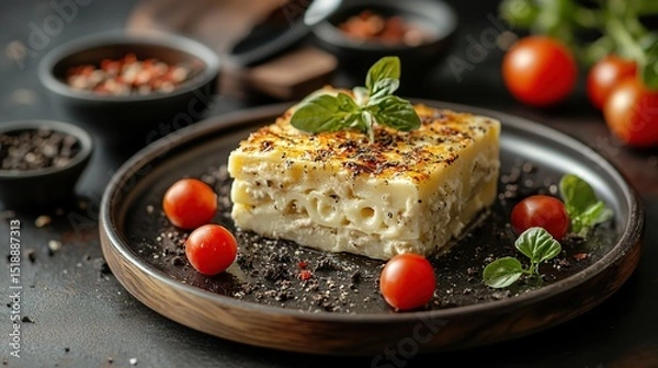 Fototapeta Creamy pasta bake, topped with herbs and cherry tomatoes