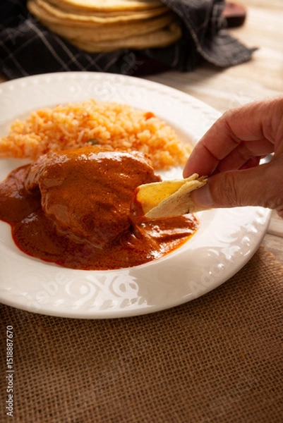 Fototapeta Pipian with Chicken, food from Mexico and other Latin American countries, chicken meat bathed in mole sauce made with pumpkin seeds, dried chili peppers and several other ingredients.