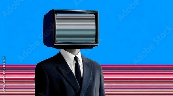 Fototapeta Businessman with TV head glitching, surreal digital identity metaphor