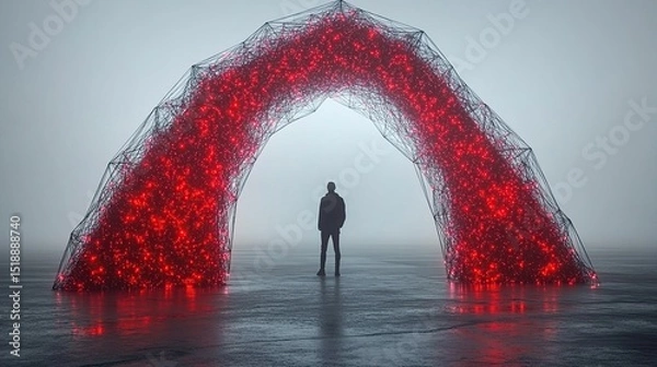 Fototapeta Silhouette figure stands before a glowing red archway