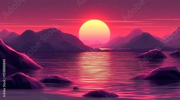 Fototapeta Vibrant sunset over a tranquil, polygonal landscape