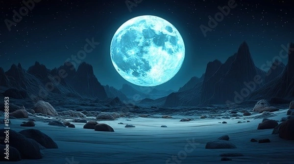 Fototapeta Vast desert landscape under a luminous blue moon