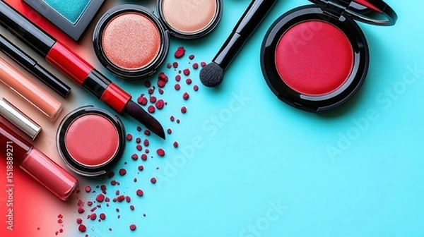Fototapeta Colorful makeup products arranged on a vibrant background