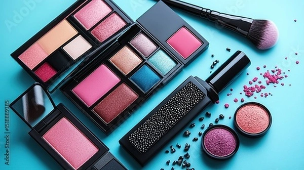 Fototapeta Colorful cosmetic palettes and accessories on a vibrant background