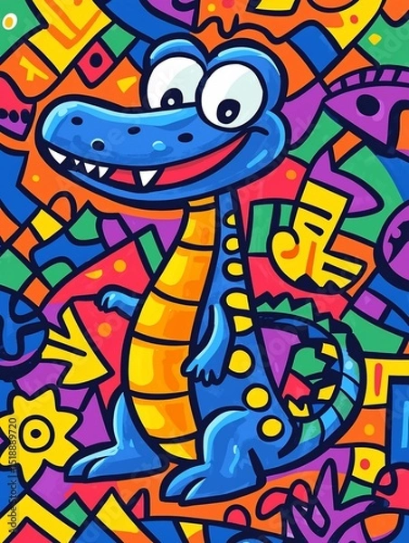 Fototapeta Cartoon crocodile in vibrant, colorful background