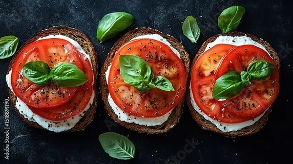 Fototapeta Three slices of rustic bread topped with creamy spread, juicy tomato slices, and fresh basil leaves
