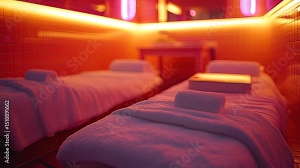 Fototapeta Two massage beds in a spa room, ready for clients. Warm lighting and white towels