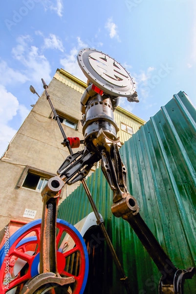 Obraz A robot sculpture made of train parts, holding a gun and shield, at Fan-Shaped Depot, captured on August 21, 2012, in Changhua County, Taiwan.