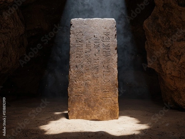 Fototapeta Ancient stone tablet with hieroglyphs in a cavern.