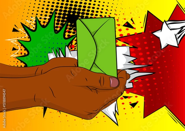 Obraz Cartoon, comic book human hands holding Letter Envelope. Retro vector comics pop art design.