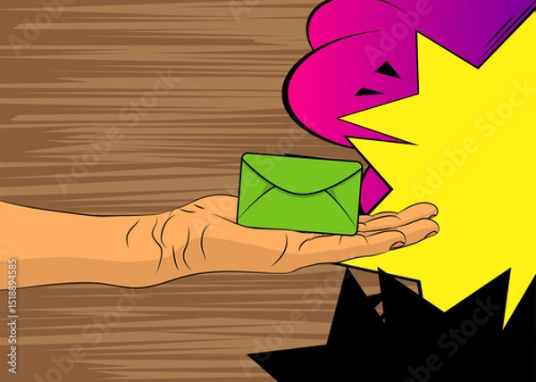 Obraz Cartoon, comic book human hands holding Letter Envelope. Retro vector comics pop art design.