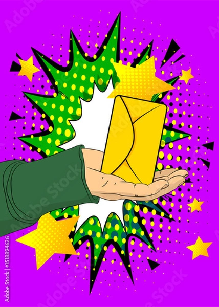 Obraz Cartoon, comic book human hands holding Letter Envelope. Retro vector comics pop art design.
