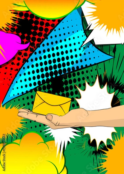 Obraz Cartoon, comic book human hands holding Letter Envelope. Retro vector comics pop art design.