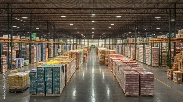 Obraz Vast warehouse interior, filled with stacked goods