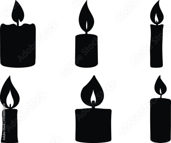 Fototapeta Silhouette of Six Lit Candles in Varying Shapes and Sizes on White