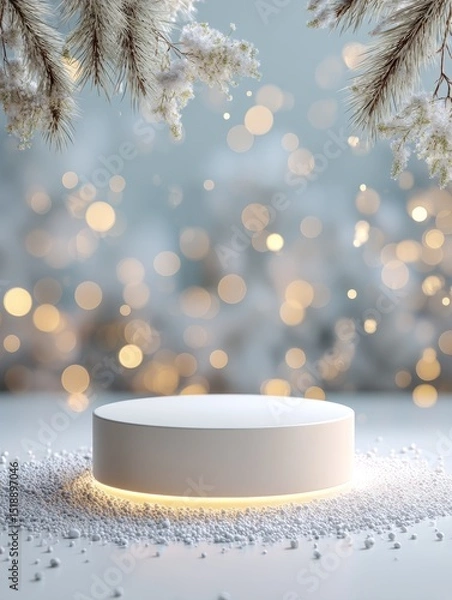 Obraz Cozy Winter Display Podium with Round Base and Soft Snowy Background
