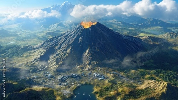 Obraz Volcanic landscape with a town below