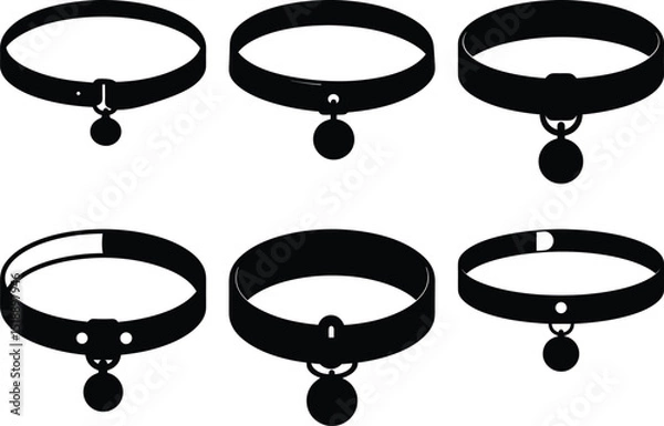 Fototapeta Diverse collection of black collars with pendant bells on a white background