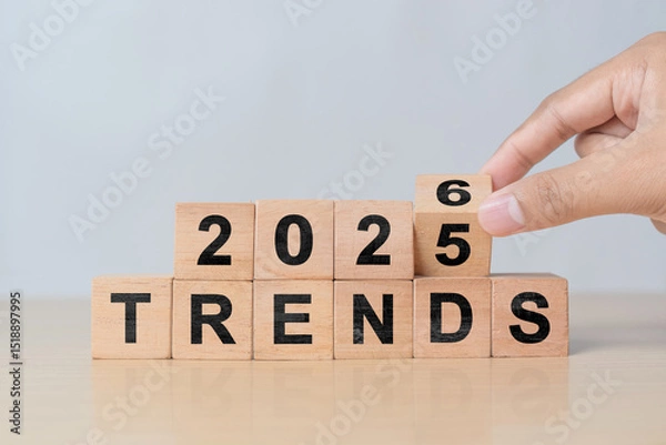 Obraz Changing wooden block from 2025 to 2026. Symbol of upcoming trends, innovation, and strategic shifts in business, tech, and lifestyle