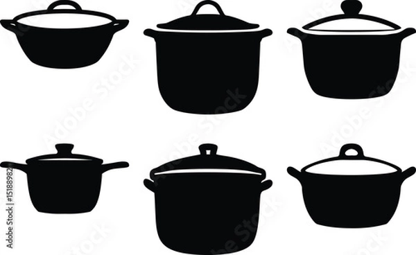 Fototapeta Silhouette icons of six different cooking pots, Set of six black silhouette icons depicting various cooking pots with lids, commonly used for preparing meals in the kitchen.
