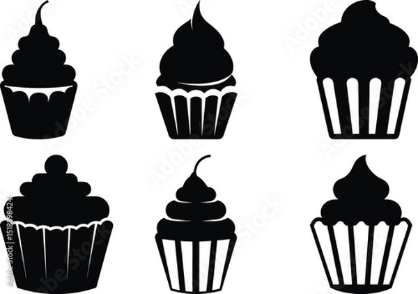 Fototapeta Black and white silhouette of six cupcakes arranged on a white background
