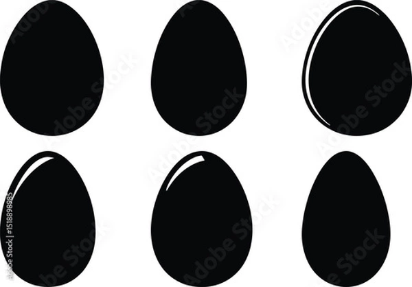 Fototapeta Silhouette icons of six simple glossy egg shapes, Set of six black silhouette icons featuring smooth, oval-shaped eggs with subtle highlights for a glossy effect.
