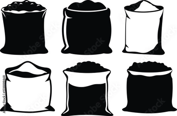 Fototapeta Black and white illustration of six sacks filled with grain or flour