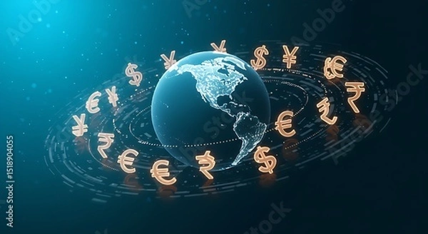 Fototapeta Diverse currency symbols encircling a central globe, all connected by digital lines, signifying worldwide financial connections, international investment, and the fluidity of global markets.