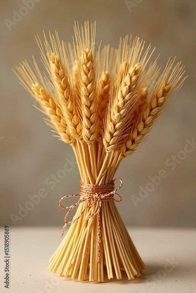 Fototapeta Rustic Bundle of Golden Wheat Stalks on Warm Beige Background